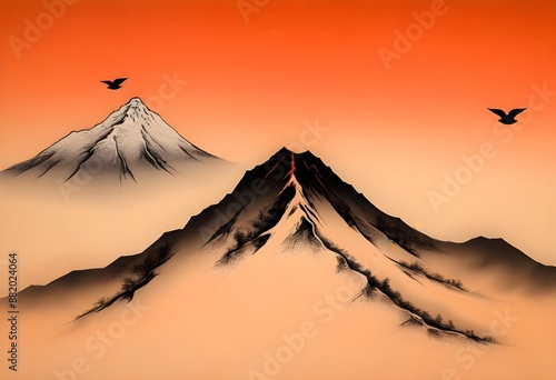 A snow-capped mountain peak rising above a misty, orange-hued landscape with birds flying in the distance, traditional japanese style painting artwork photo