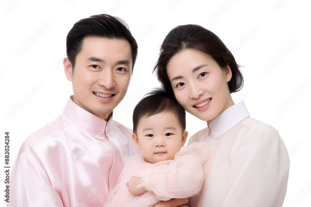 Loving young Chinese family embracing Isolated on white background Loving young Chinese family embracing Isolated on white background