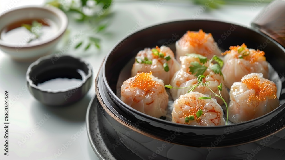 Dimsum Chinese food with accompaniments in a black bowl with hand, looks delicious on a clean white background. Dimsum Chinese food with accompaniments in a black bowl with hand, looks delicious on a clean white background.