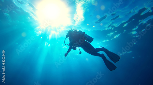 Wallpaper Mural Silhouette of a scuba diver in the ocean with sunlight shining through the water. Torontodigital.ca