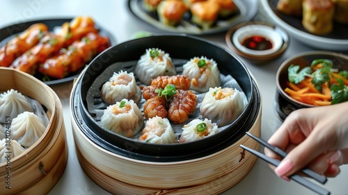 Dimsum Chinese food with accompaniments in a black bowl with hand, looks delicious on a clean white background.