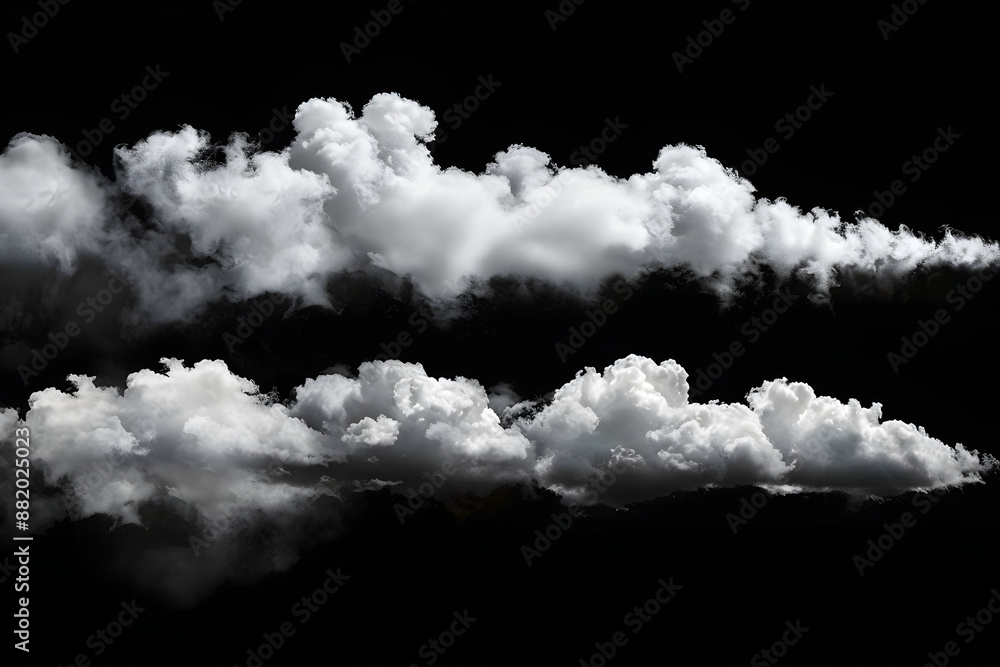 A collection of isolated clouds on a black background, featuring white cloudiness, mist, or smog. Ideal for nature, weather visuals, and designs with copy space. A collection of isolated clouds on a black background, featuring white cloudiness, mist, or smog. Ideal for nature, weather visuals, and designs with copy space.
