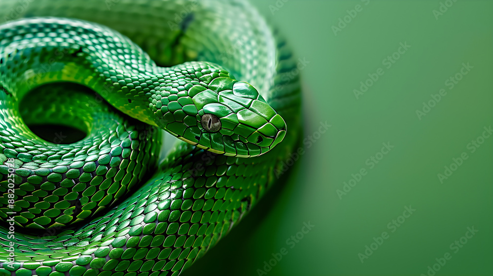 Fototapeta premium Vibrant green snake coiled on emerald background, copy space. Perfect for nature, wildlife, and ecological content.