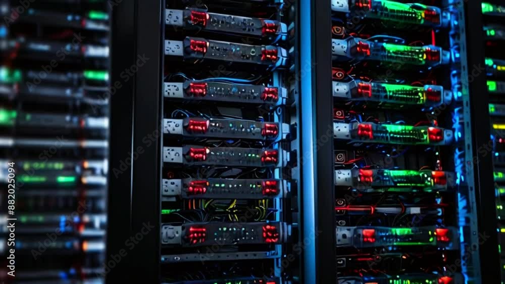 A close up of a server rack with blinking lights. A close up of a server rack with blinking lights.