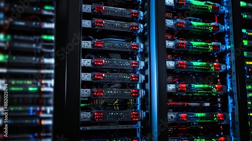 A close up of a server rack with blinking lights. photo