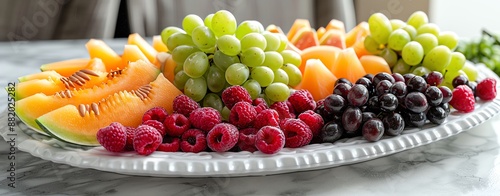 Fresh fruit platter melon, berries, grapes served elegantly on a white platter photo