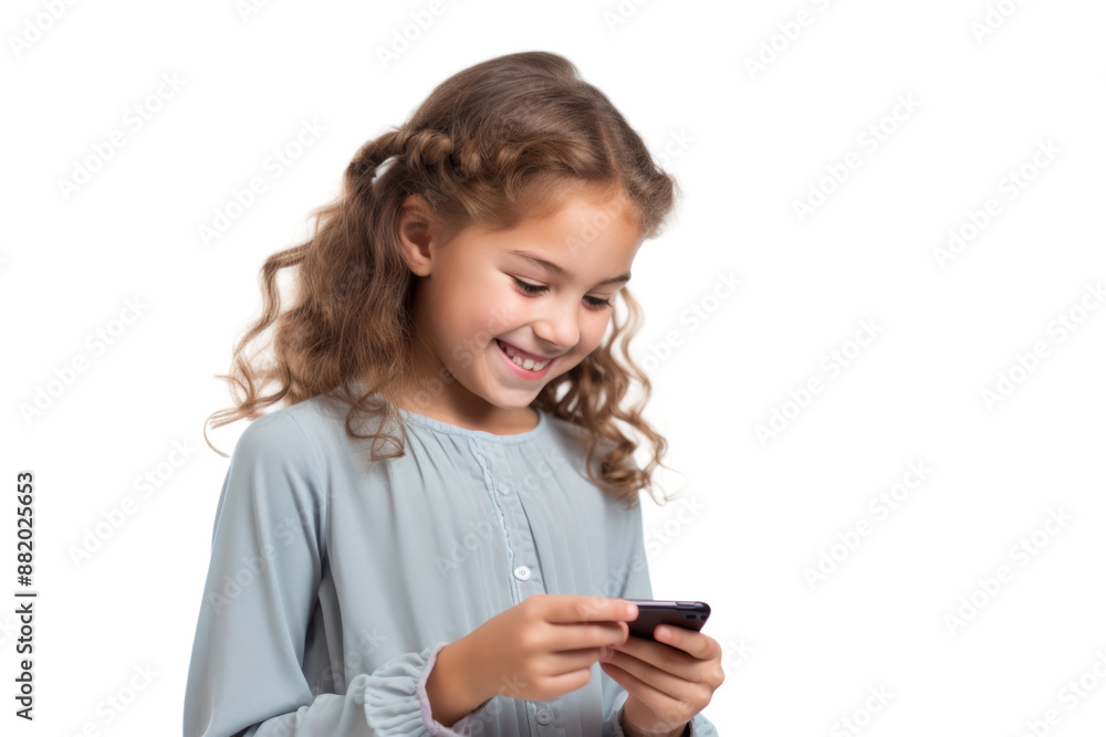 Happy young girl playing a smartphone game, with a joyful look and relaxed posture. Isolated on white background Happy young girl playing a smartphone game, with a joyful look and relaxed posture. Isolated on white background
