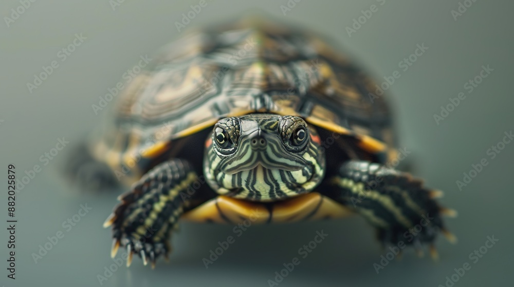 Obraz premium A tiny, inquisitive turtle photographed up close, under soft natural lighting against a simple, uncluttered background.