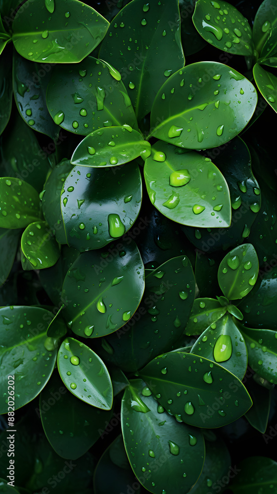 Digital green leaves and water drops poster mobile background