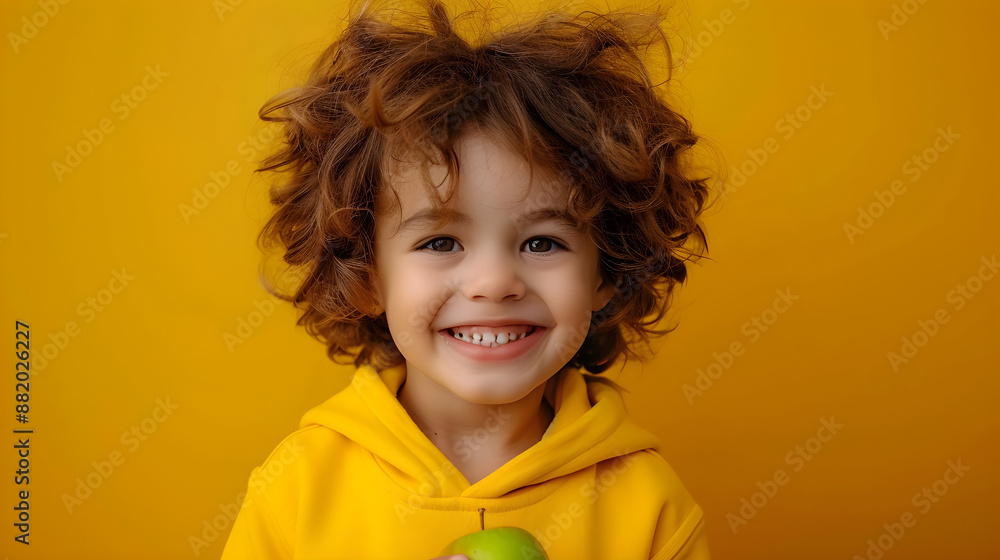 Portrait of a happy smiling boy with curly hair wearing a yellow sweatshirt and holding a green apple against a solid yellow background. Portrait of a happy smiling boy with curly hair wearing a yellow sweatshirt and holding a green apple against a solid yellow background.