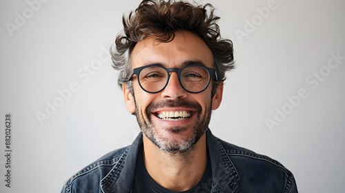 Very happy laughing man with glasses in front of white background with copy space, ideal for lifestyle and positivity designs