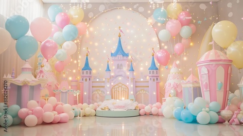glossy laminate floor and a wall covered in whimsical children's princess party decorations, featuring castles, fairy lights, and pastel-colored balloons