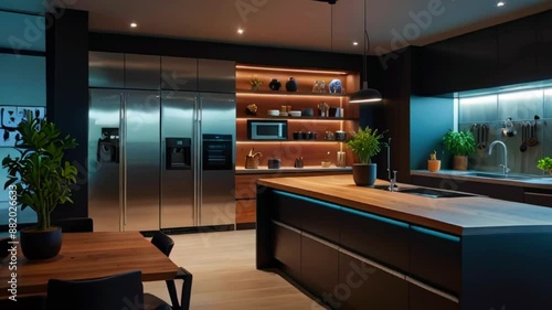 The video shows a modern kitchen with stainless steel appliances, a large island with a wooden top, and dark blue cabinets. There are plants on the shelves and a large window to the left of the sink.