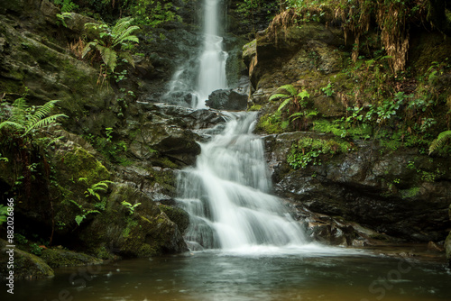 Detail of one of the spectacular Lamiña waterfalls, on the Barcenillas River, in Cantabria, Spain, with long exposure
