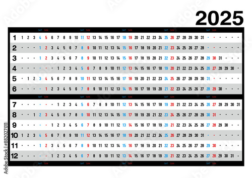 2025年の年間1行カレンダー日本の祝日表記無し