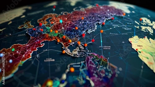 A dark blue world map with colorful pins marking various locations. photo