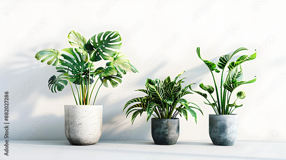 Fototapeta premium Modern potted plants on a white background with natural light and shadows. Ideal for interior design themes. Copy space available.