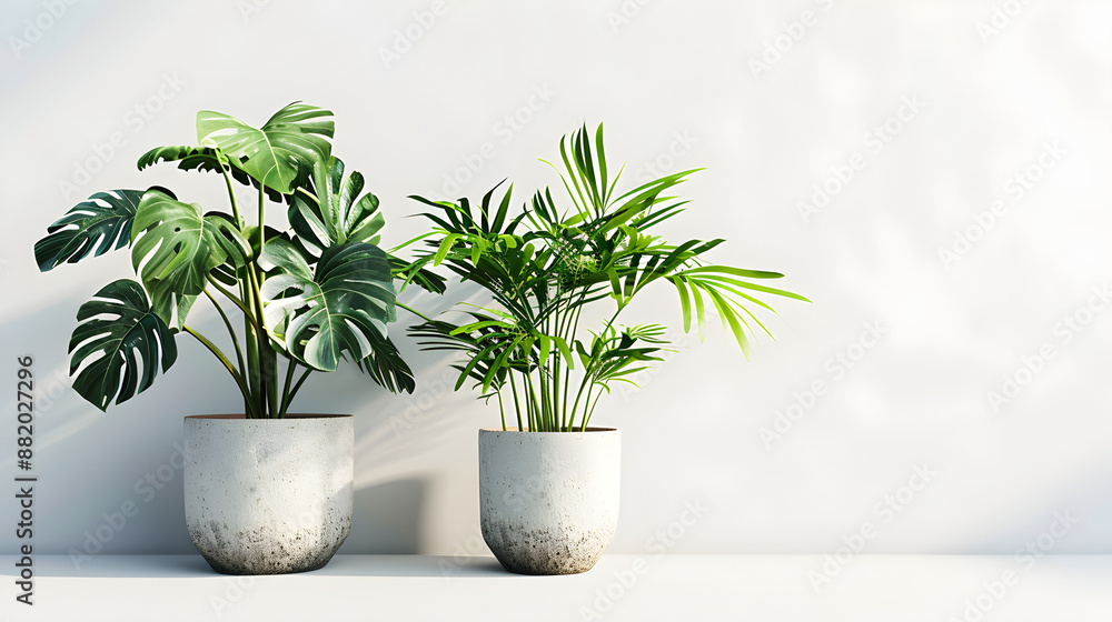 Elegant potted tropical plants on a white background, perfect for modern decor and indoor gardening projects. Suitable for copy space. Elegant potted tropical plants on a white background, perfect for modern decor and indoor gardening projects. Suitable for copy space.