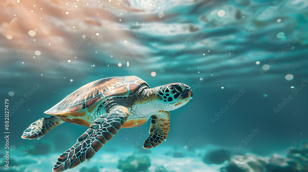 Obraz premium Turtle swimming in the ocean with copy space, perfect for World Turtle Day, marine life themes, and conservation awareness.