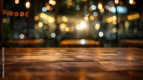 Empty tabletop in a cozy coffee shop at night with a defocused background. Ideal for concepts related to relaxation, evening ambiance, and social gatherings