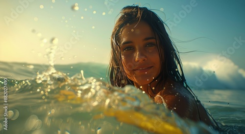 Woman With Wet Hair Smiling in Ocean Water During Sunset