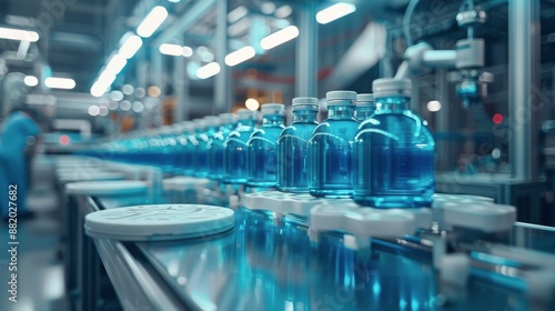Blue Liquid Bottles Moving on Conveyor Belt in Modern Factory