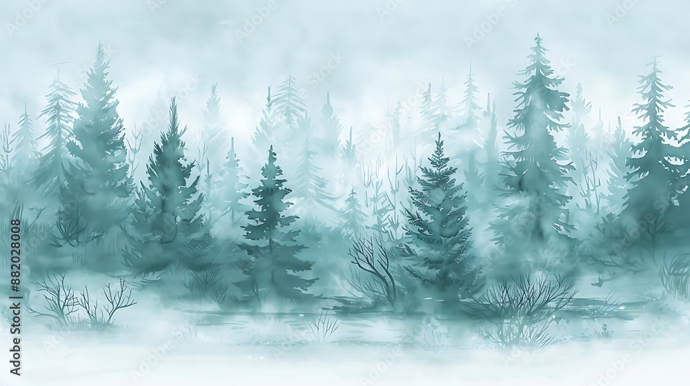 Winter Wonderland Illustration - Misty Forest with Tall Pine Trees Winter Wonderland Illustration - Misty Forest with Tall Pine Trees
