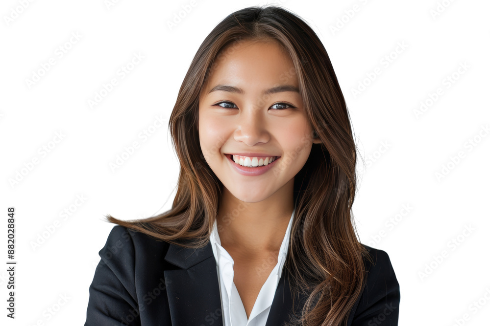 Photograph of a smiling Asian business woman Demonstrate confidence, friendliness, and success. Isolated on white background Photograph of a smiling Asian business woman Demonstrate confidence, friendliness, and success. Isolated on white background