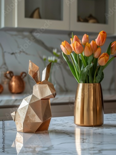 Geometric Rabbit Decoration With Tulips in a Vase