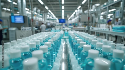 Rows of Blue Liquid Bottles on an Assembly Line in a Factory