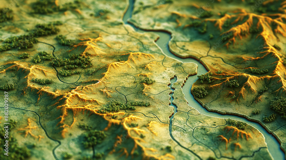 Detailed 3D topographical map featuring meandering rivers, rugged terrains, and lush trees. Detailed 3D topographical map featuring meandering rivers, rugged terrains, and lush trees.