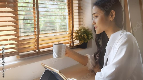 Young Asia woman drinking hot coffee and looking out of window.