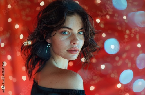 Woman With Dark Hair Posing Against Red Wall With Light Spots