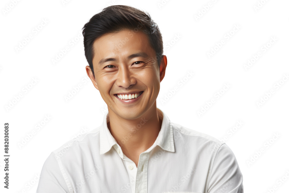 photograph of A smiling Asian man in his 30s Represents happiness and vitality. isolated on a white background. photograph of A smiling Asian man in his 30s Represents happiness and vitality. isolated on a white background.