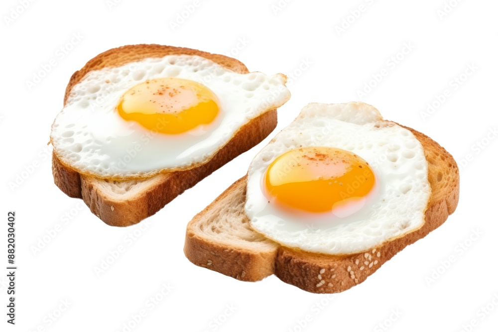 Fried eggs, perfect looking, runny yolk, on whole wheat bread. Sprinkle with salt and pepper , isolated on a white background. Fried eggs, perfect looking, runny yolk, on whole wheat bread. Sprinkle with salt and pepper , isolated on a white background.