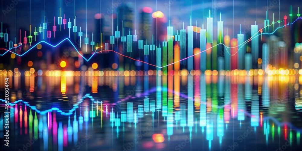 Naklejka premium Financial Market Reflection in Cityscape, Stock Market, Candlestick Chart, Night City , Trading, Investment