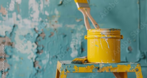 Yellow Paint Can and Brush on a Wooden Stool in Front of a Blue Wall