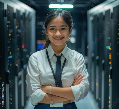 Smiling Woman Standing in Server Room Aisle