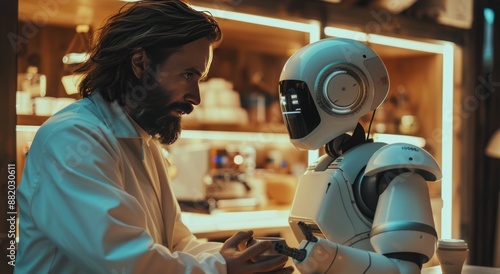 A Bearded Man Interacts With a Humanoid Robot in a Modern Cafe