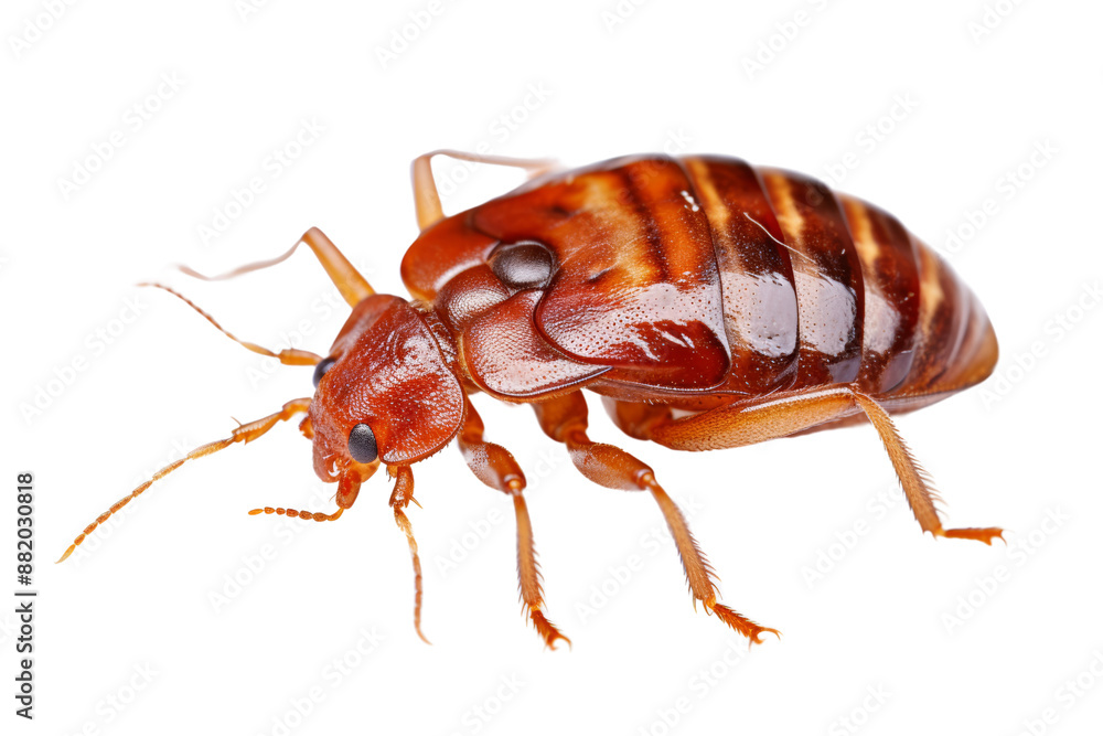 A realistic photo of a bed bug crawling , isolated on a white background, its reddish-brown body and segmented abdomen clearly visible A realistic photo of a bed bug crawling , isolated on a white background, its reddish-brown body and segmented abdomen clearly visible
