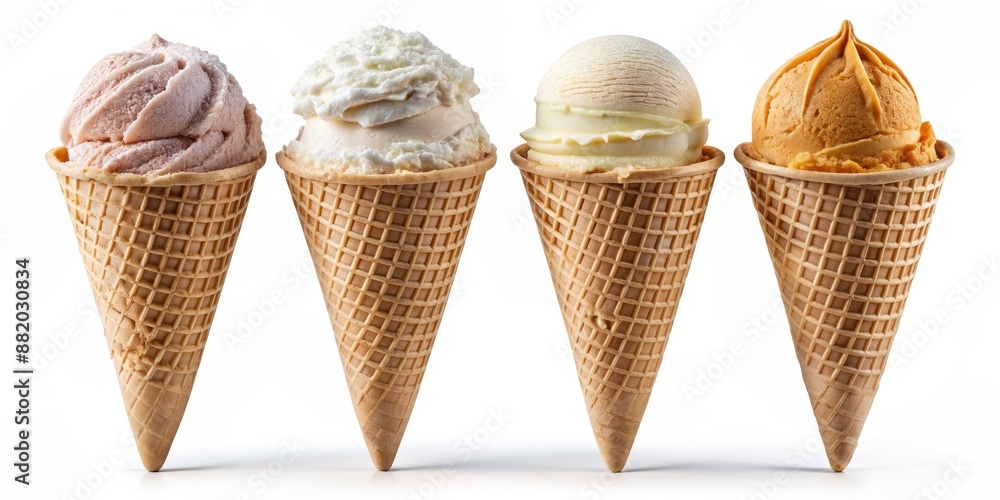 Four Flavors of Ice Cream Cones, Strawberry, Vanilla, White Chocolate, Caramel , ice cream, dessert Four Flavors of Ice Cream Cones, Strawberry, Vanilla, White Chocolate, Caramel , ice cream, dessert