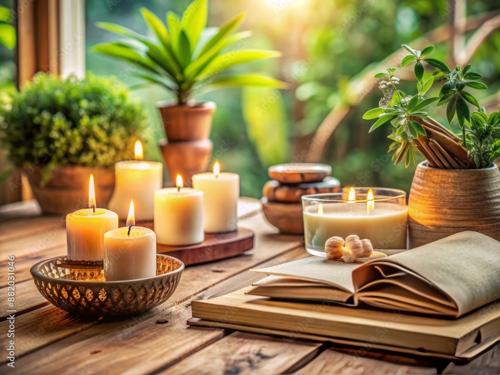 Soothing ambiance of a wellness retreat space featuring aromatherapy candles beside relaxation books on a wooden table, exuding tranquility and stress relief. Soothing ambiance of a wellness retreat space featuring aromatherapy candles beside relaxation books on a wooden table, exuding tranquility and stress relief.