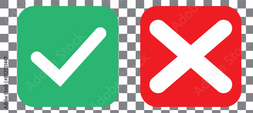Set of red X and green check mark icons. Cross and tick symbols isolated on Transparent background.