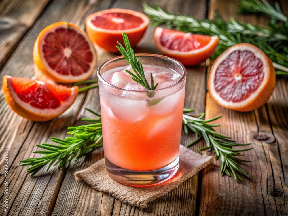 Freshly mixed pink cocktail with float of bubbly grapefruit juice, slice of pink grapefruit, and sprig of rosemary garnish on rustic wooden background. Freshly mixed pink cocktail with float of bubbly grapefruit juice, slice of pink grapefruit, and sprig of rosemary garnish on rustic wooden background.