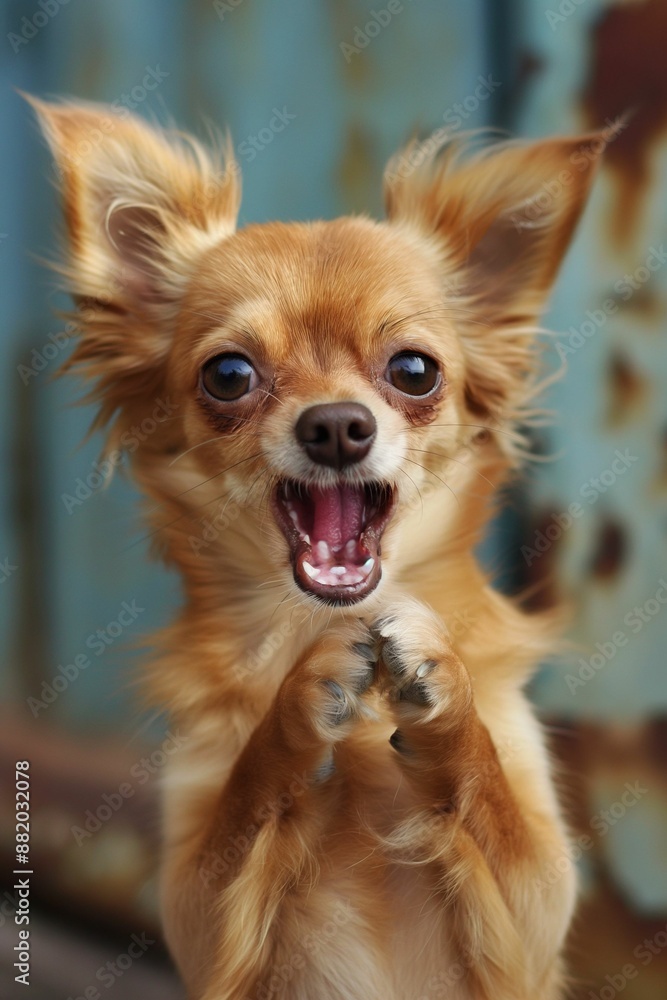 Excited small dog with paws up against an outdoor rusty background, capturing energetic and lively pet behavior in a rugged and natural setting. Excited small dog with paws up against an outdoor rusty background, capturing energetic and lively pet behavior in a rugged and natural setting.