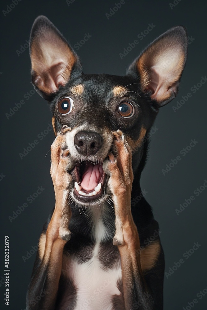 Surprised small dog with paws on face against a dark background, capturing a humorous and expressive pet portrait with dramatic contrast and emotional depth. Surprised small dog with paws on face against a dark background, capturing a humorous and expressive pet portrait with dramatic contrast and emotional depth.