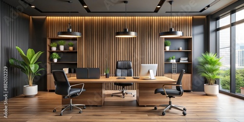 Modern office interior with sleek black accent wall, wooden desk, and ergonomic chairs, creating a sophisticated and professional work environment.
