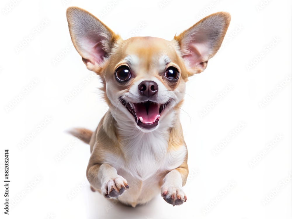 Adorable chihuahua leaps into the air, tongue out, ears flapping, and legs splayed, exuding pure joy and excitement on a clean, white isolated background. Adorable chihuahua leaps into the air, tongue out, ears flapping, and legs splayed, exuding pure joy and excitement on a clean, white isolated background.