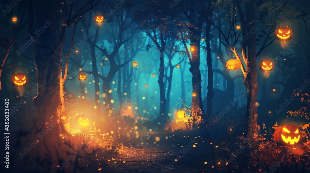 Spooky halloween night lanterns illuminating dark forest in enchanting halloween design Spooky halloween night lanterns illuminating dark forest in enchanting halloween design