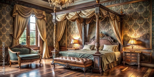 Elegant vintage bedroom featuring ornate wooden four-poster bed, velvet drapes, and distressed walls adorned with gilded mirrors and antique decorative accents.